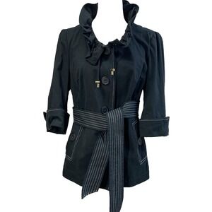 Lulu Womens Medium Black Cotton Ruffle‎ Collar Belted Jacket Blazer Short Sleeve